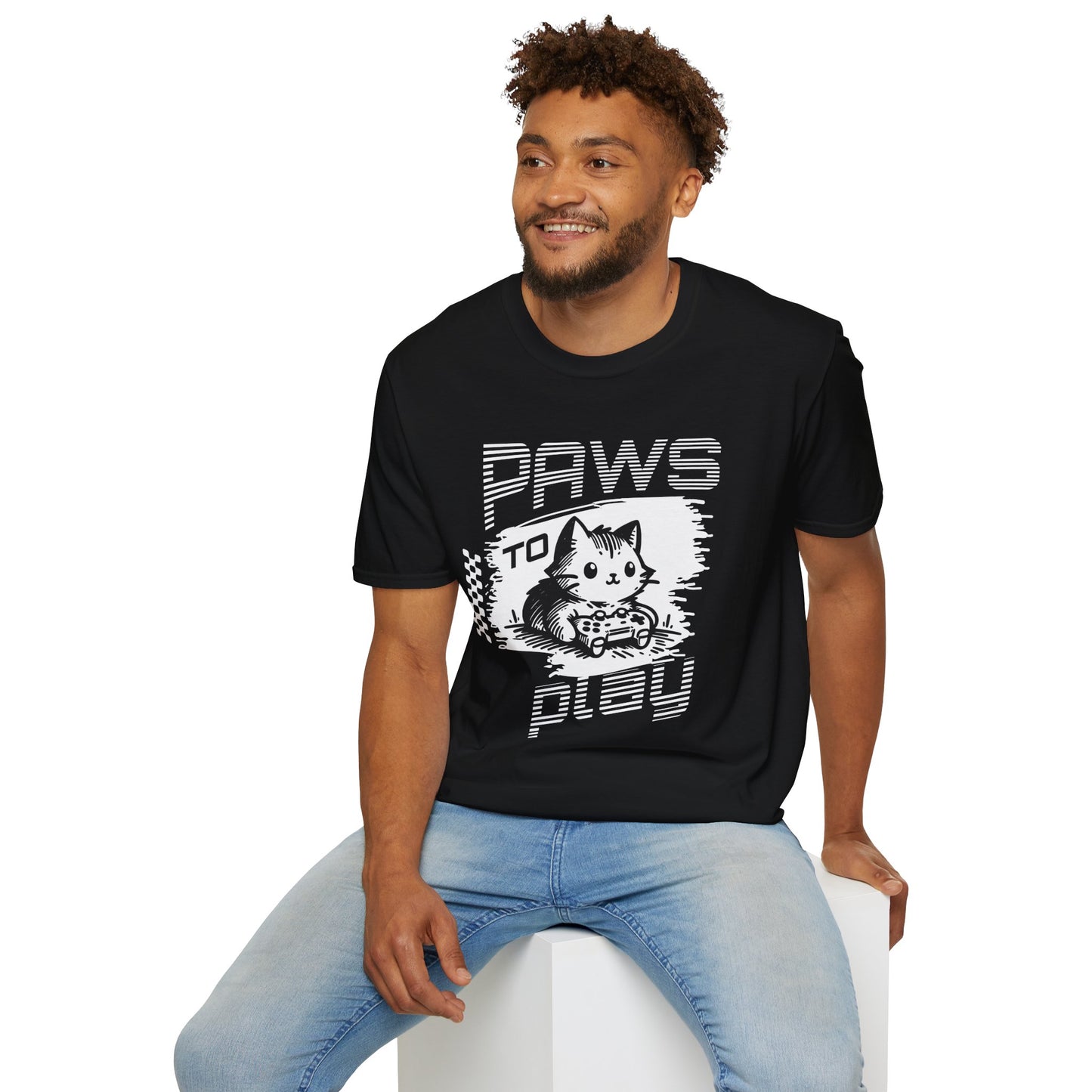 Paws to Play Cat Gamer T-Shirt - Unisex Softstyle Tee for Pet Lovers