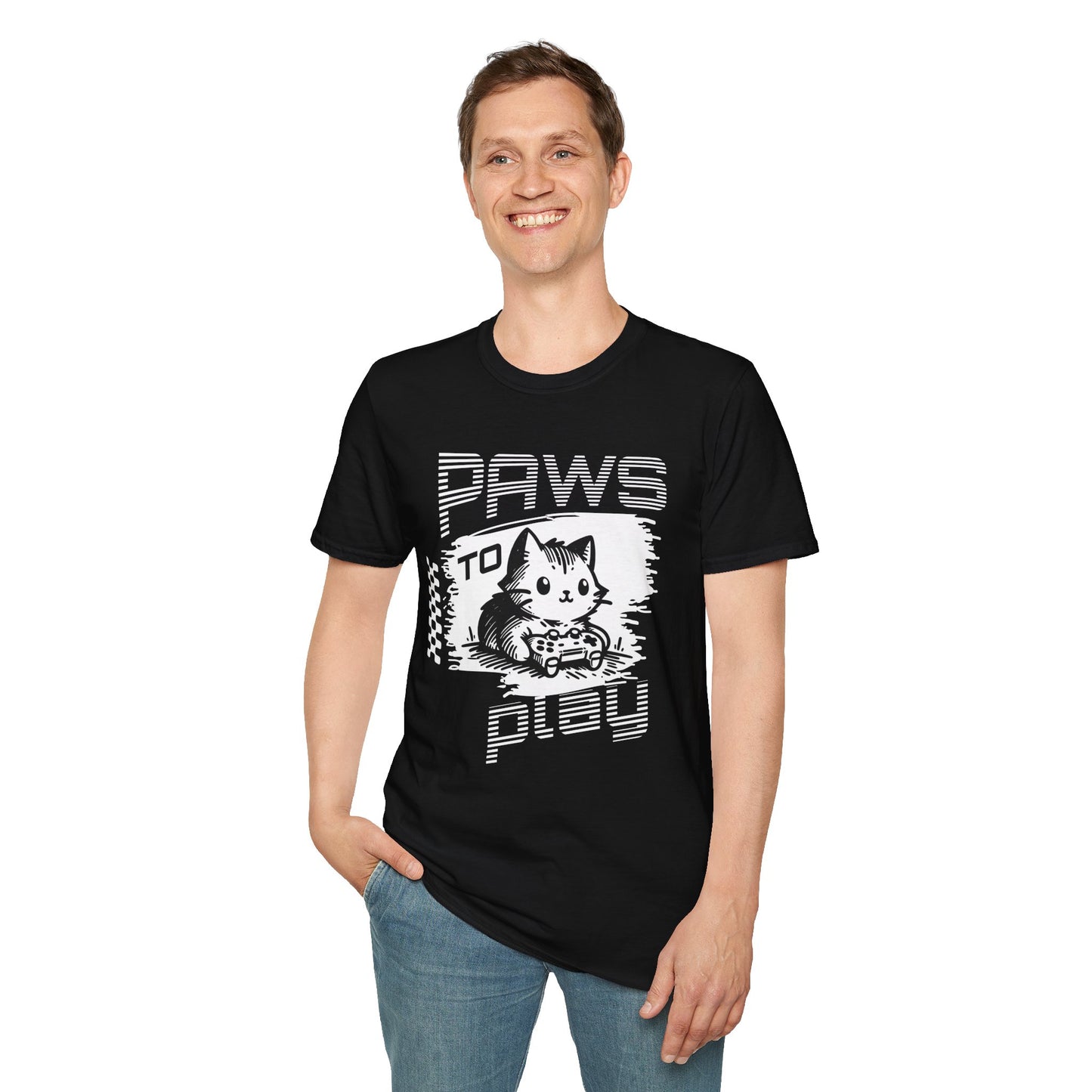 Paws to Play Cat Gamer T-Shirt - Unisex Softstyle Tee for Pet Lovers
